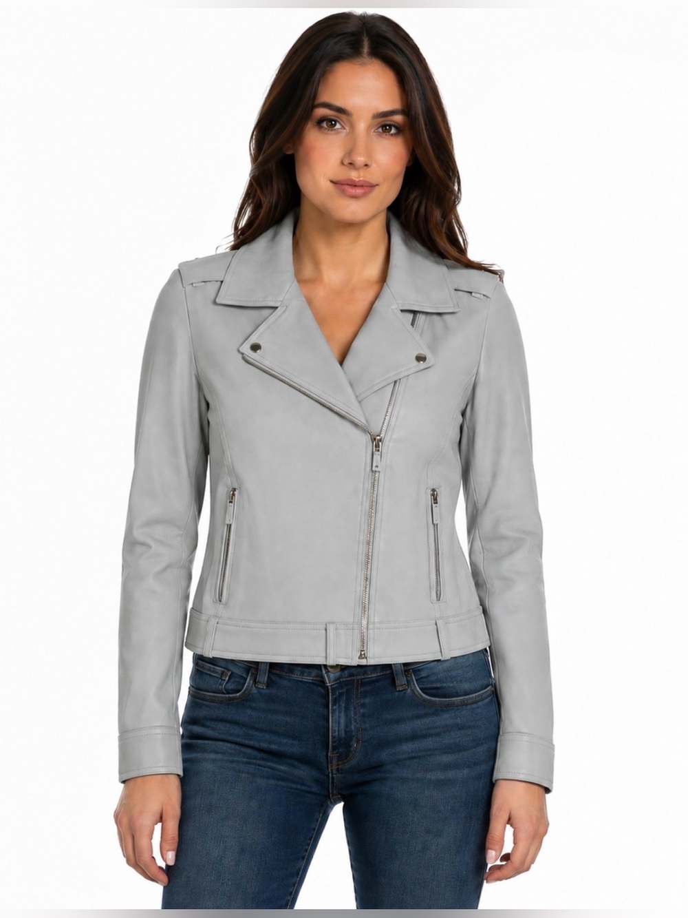 Rachel Zoe Leather Moto Biker Zip Jacket Heather Gray Size XS
